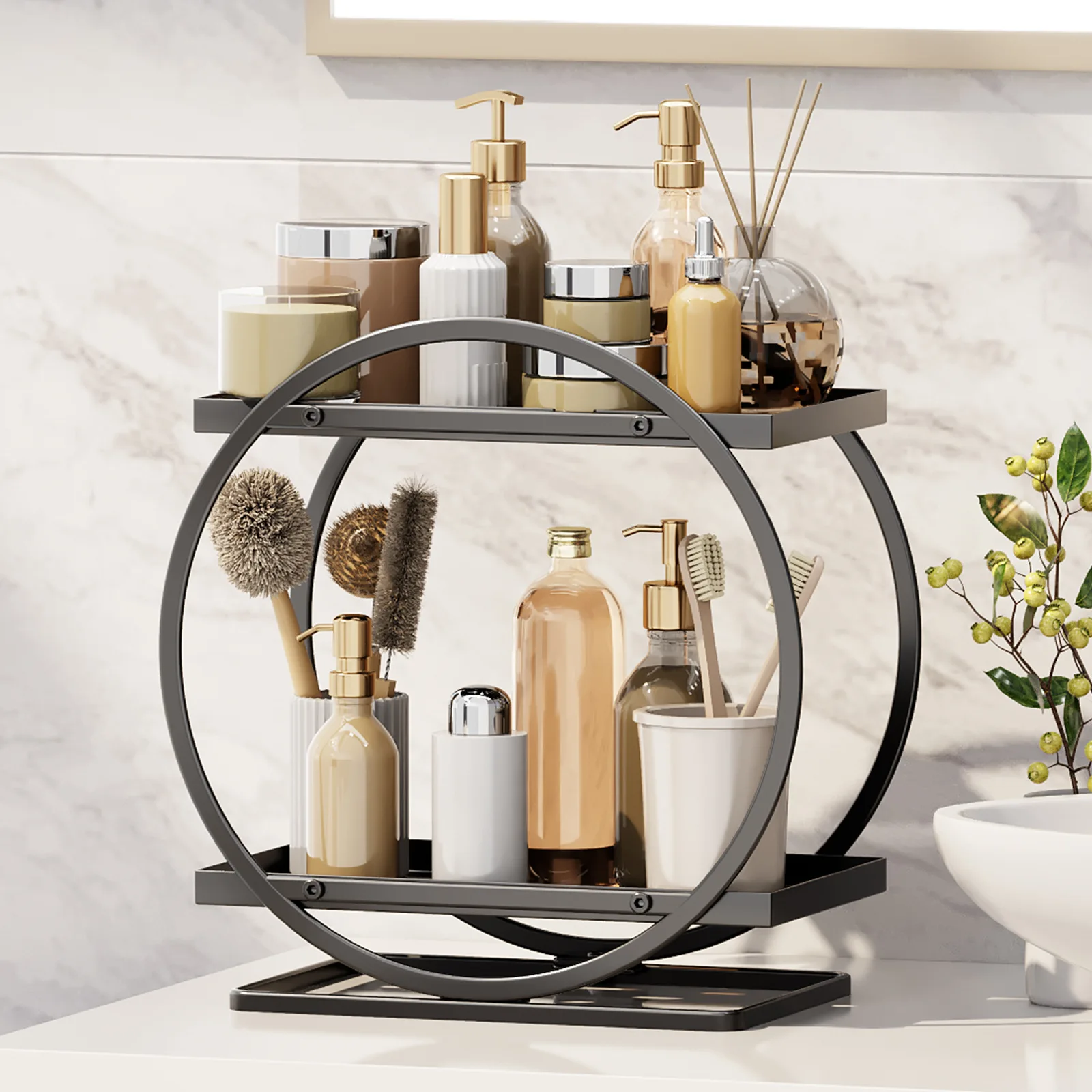 LIGHT LUXURY BATHROOM SHELF RACK COSMETICS ORGANIZER FOR DRESSING TABLE - CIRCLE SHAPE