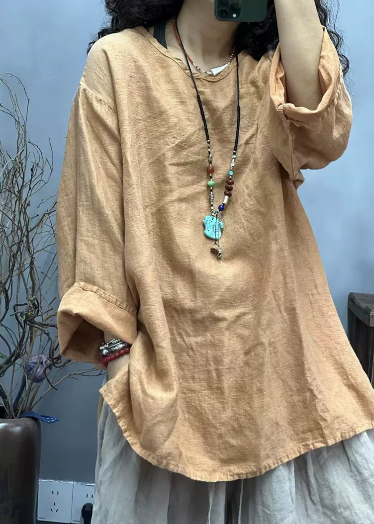Loose Red O Neck Side Ppen Linen T Shirts Fall