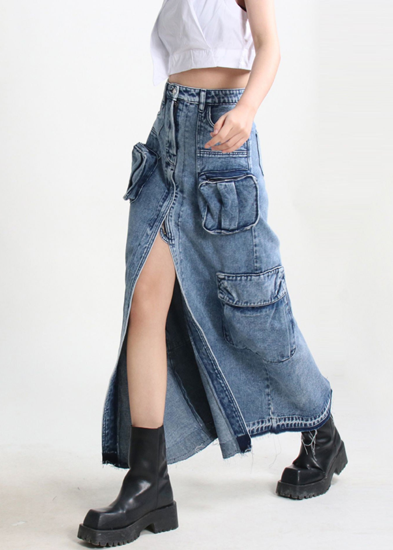 Modern Blue Pockets Side Open Denim Skirt Summer