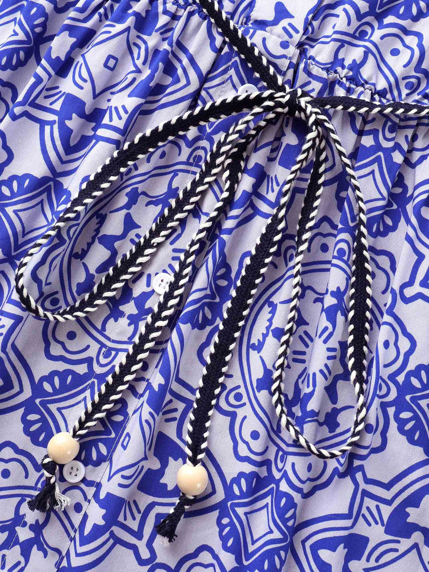 Bandana Print Shirt Collar Belted Midi Dress