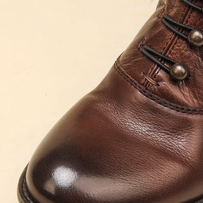 Ankle Boots Women Calfskin Round Toe Side Zip Lace-Up Retro Winter Ladies Motorcycle Shoes Handmade