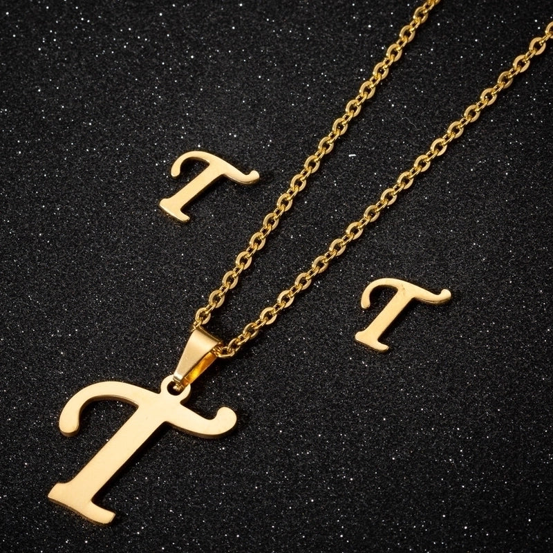 Women's Fashion Minimalist Letter Stainless Steel Pendant Necklace Ear Studs Plating Jewelry Sets