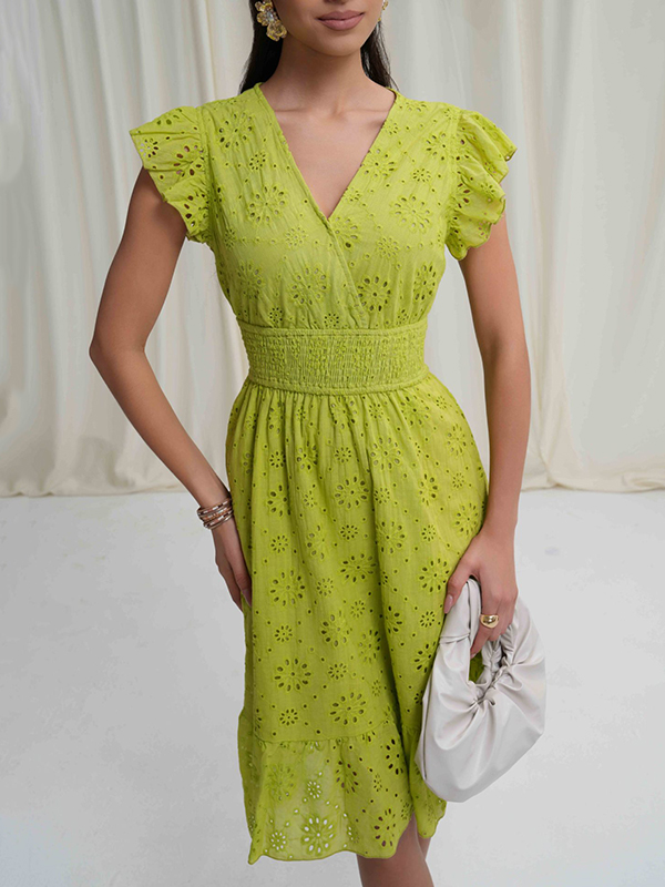 A-Line Loose Elasticity Hollow Pleated Solid Color V-Neck Mini Dresses