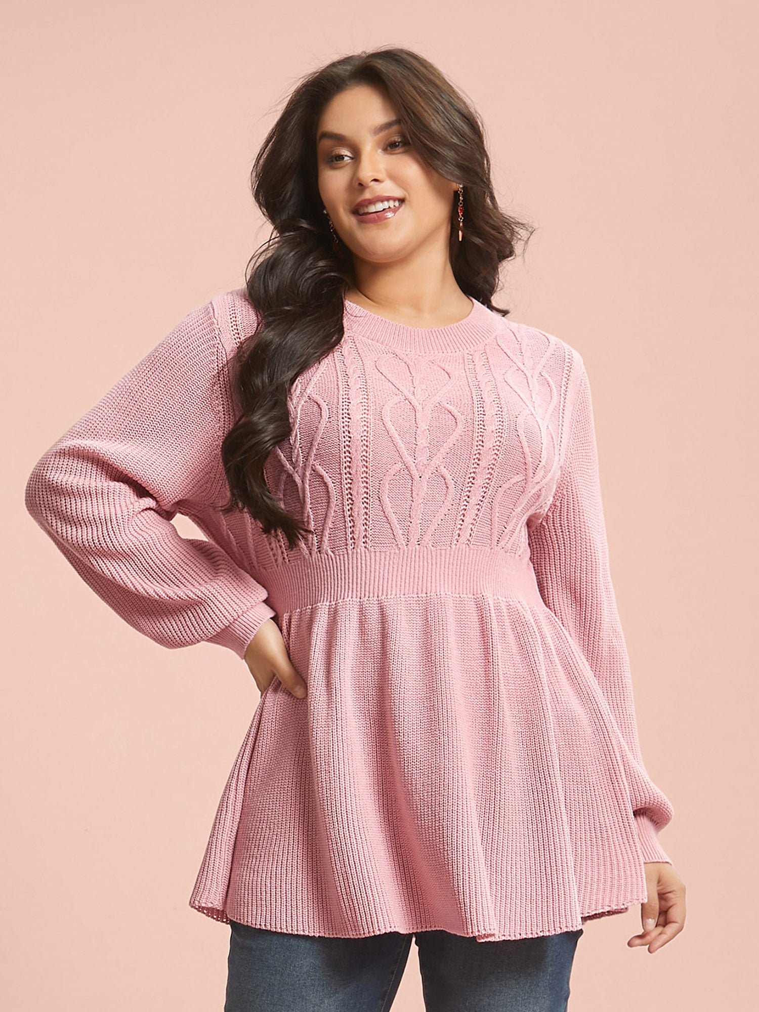 Textured Cable-Knit Waist Cinched Pullover