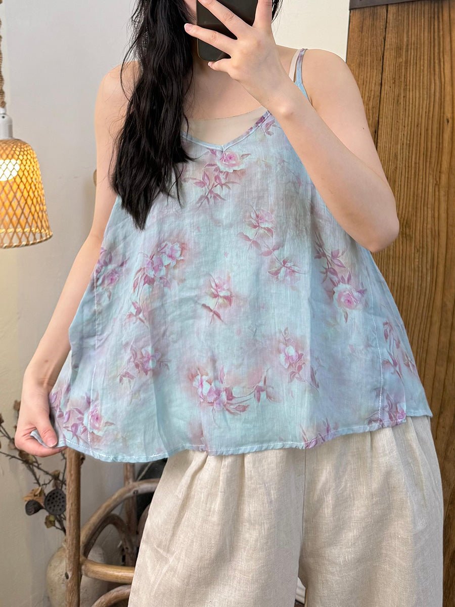 Women Summer Vintage Floral V-Neck Ramie Vest