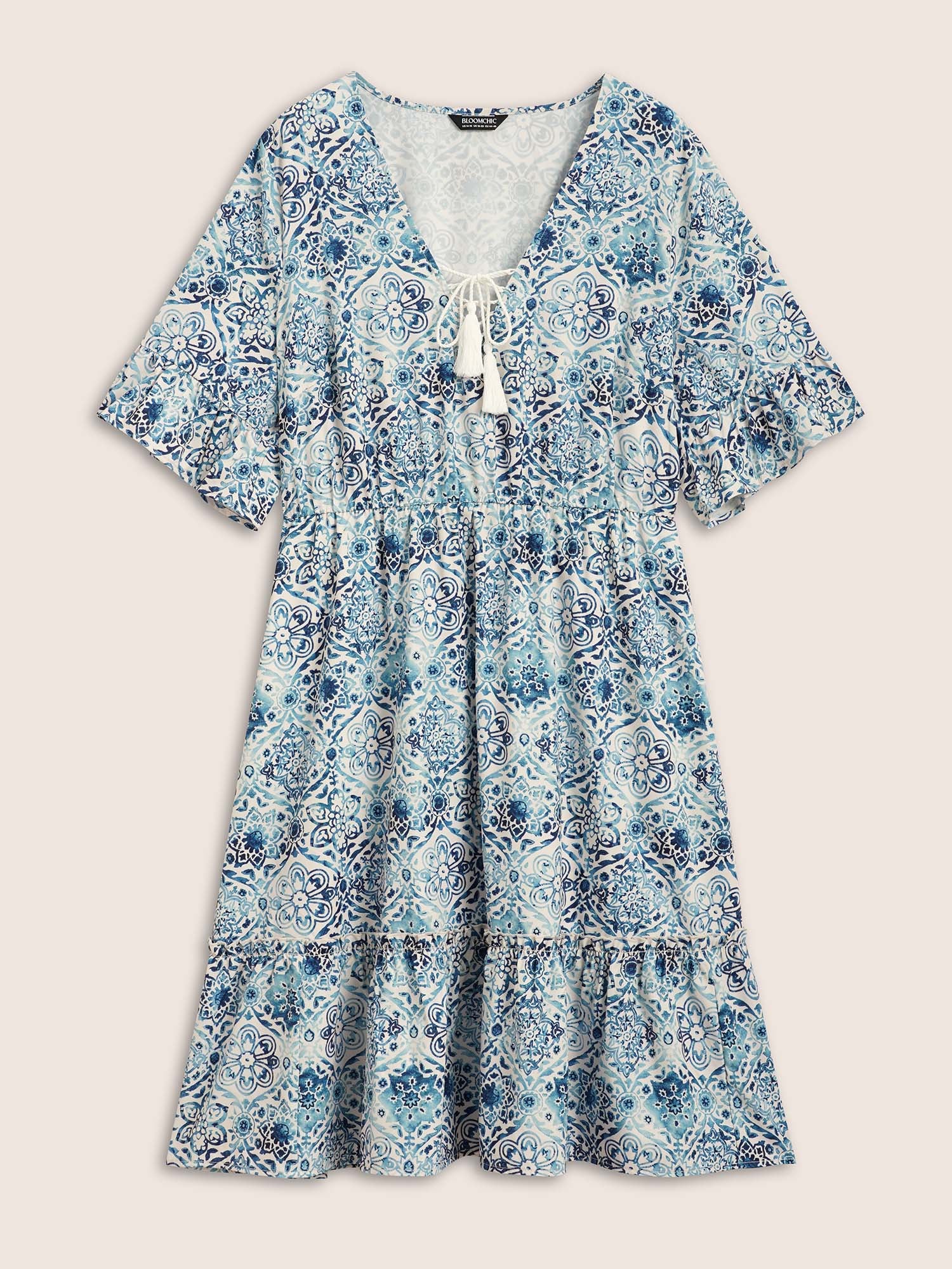 Boho Print Tassels Trim Flutter Sleeve Dress