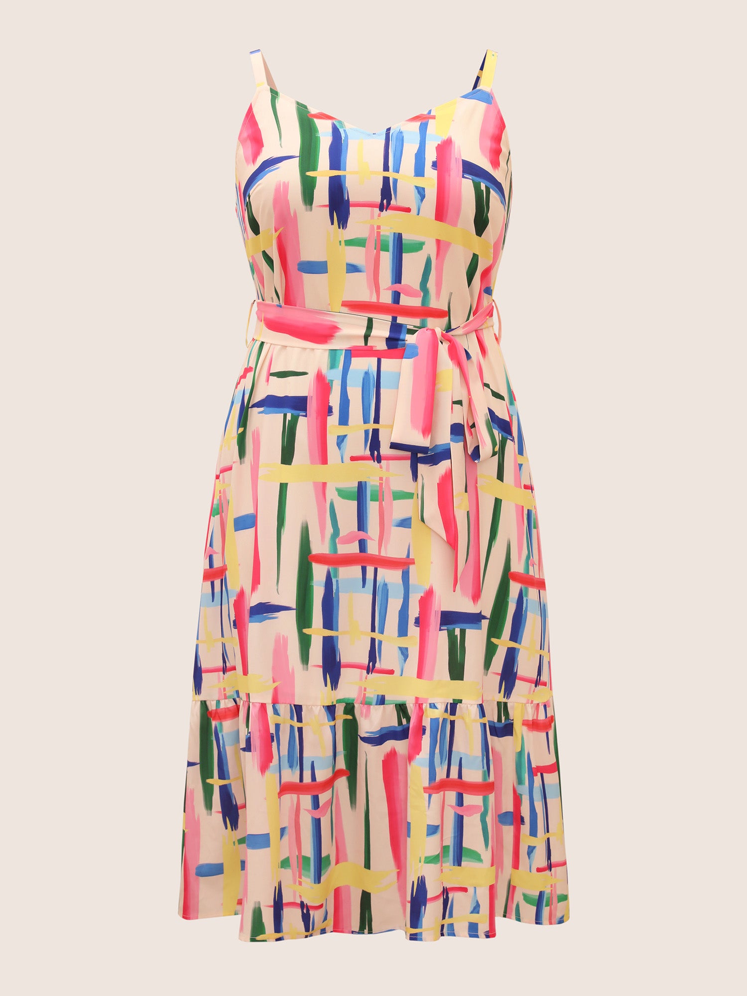 Colored Brush Print Belted Midi Cami Dress