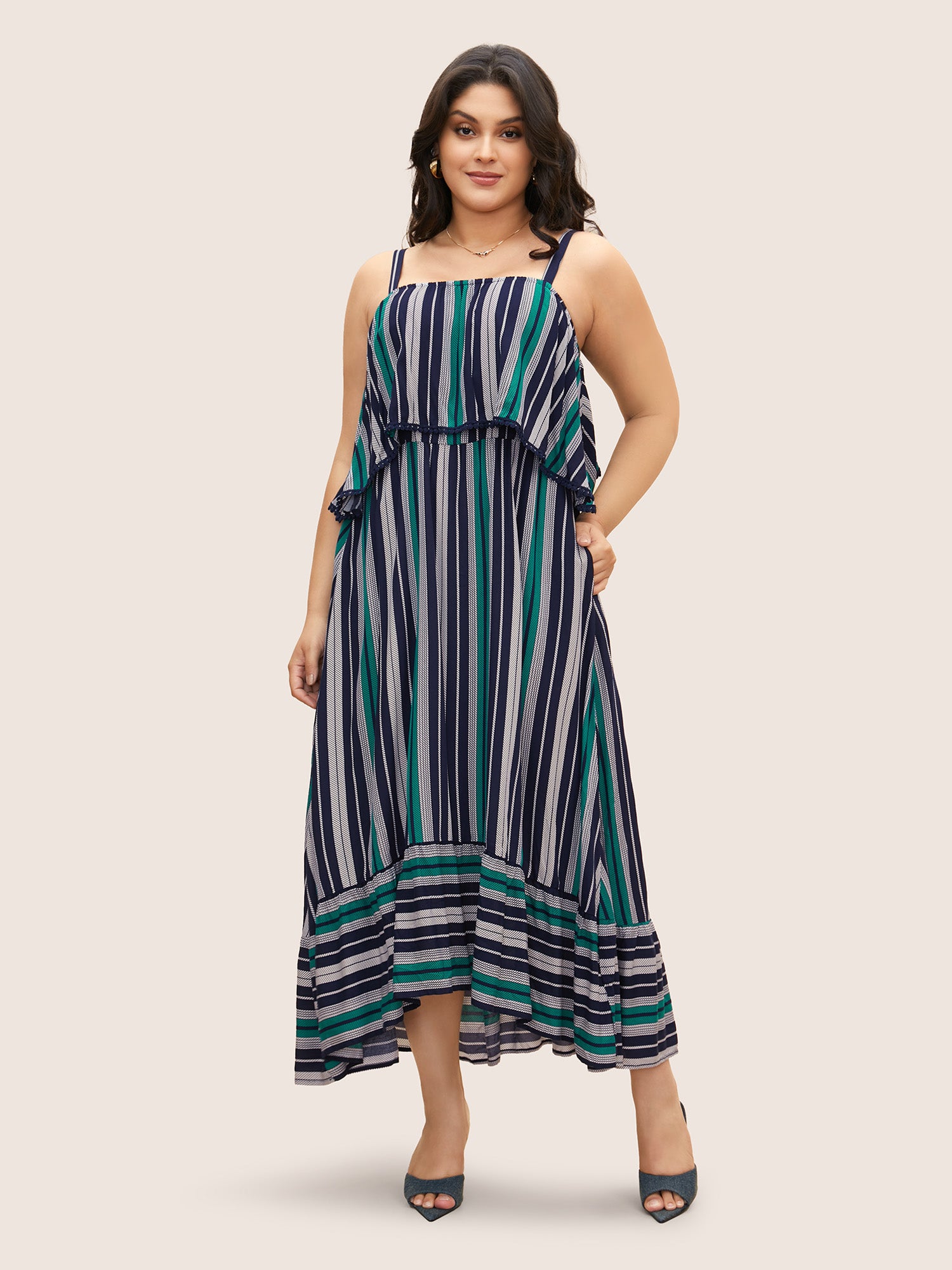 Contrast Striped Ruffles Woven Ribbon Dress