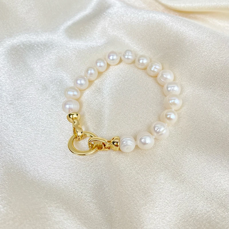 Fashion Gold Plated Stainless Steel Natural Freshwater Pearl Bracelet OT Round Buckle Love Buckle Bracelet Jewelry