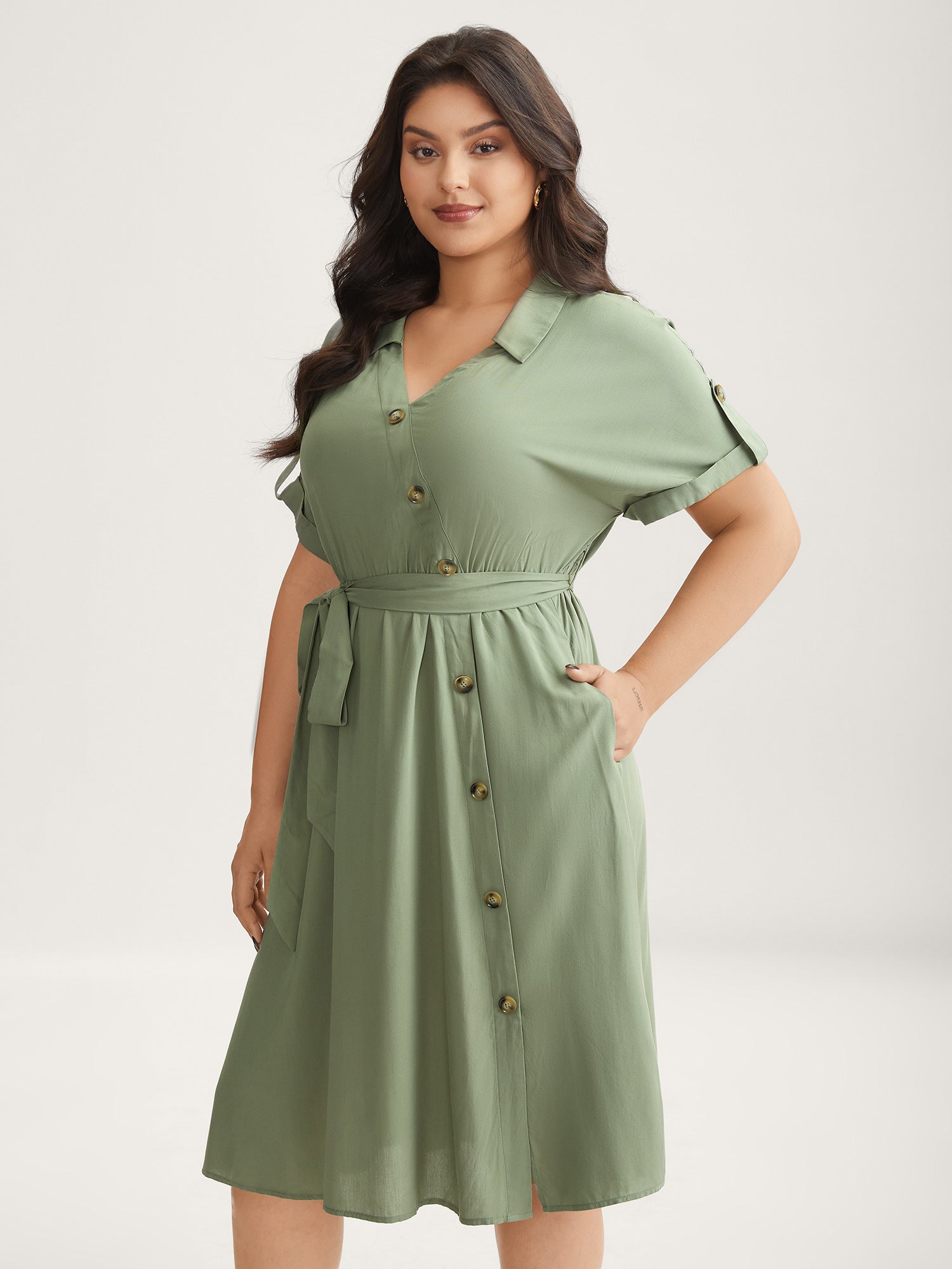 Rayon Button Detail Belted Pockets Midi Dress