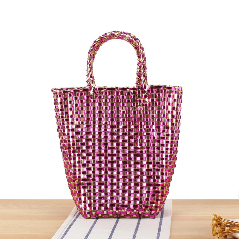 Women's Small PVC Solid Color Elegant Streetwear Weave Square Open Straw Bag
