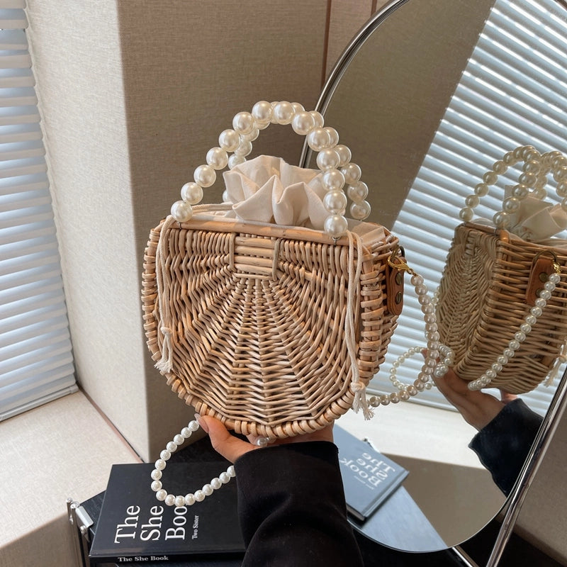 Women's Medium Straw Solid Color Vacation Beach Beading Weave String Straw Bag