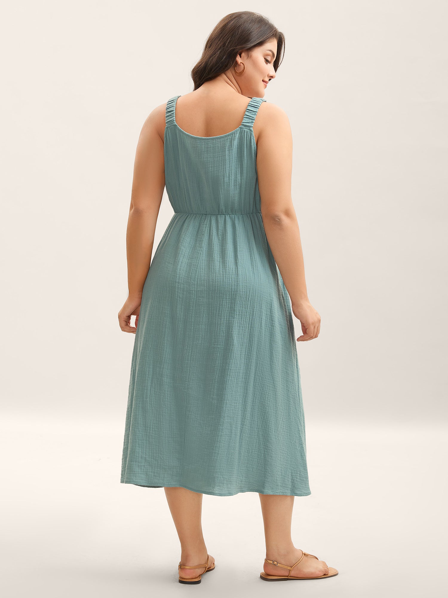 Cotton Textured Cinched-Waist A-Line Midi Dress