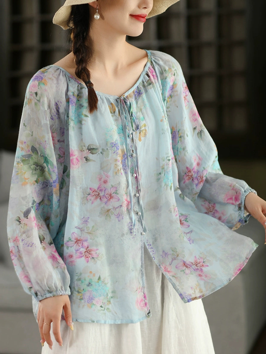 Women Summer Artsy Flower O-Neck 100%Raime Shirt