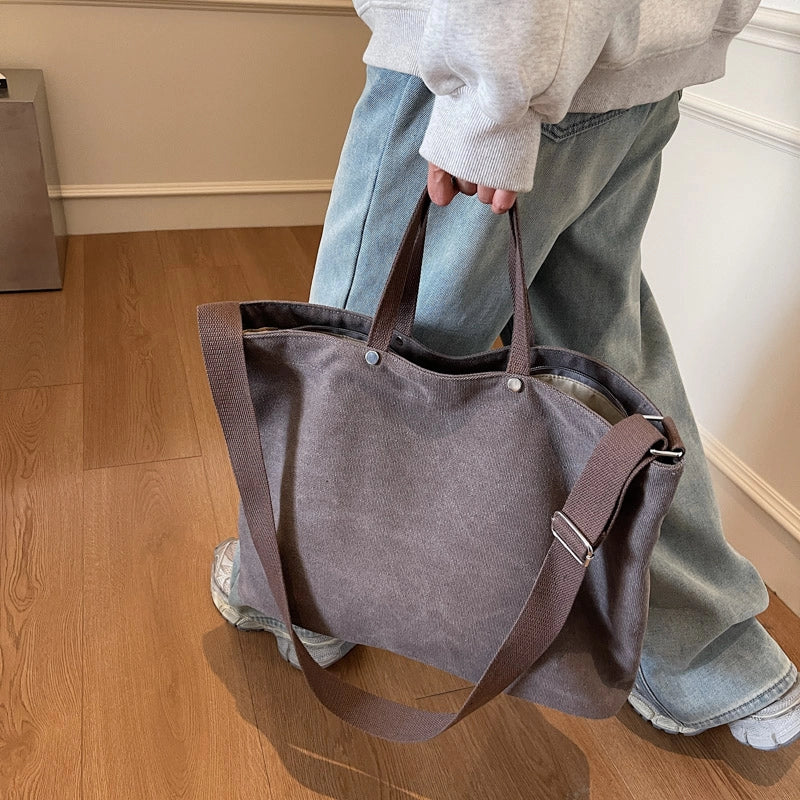 Women's Canvas Solid Color Classic Style Square Zipper Tote Bag