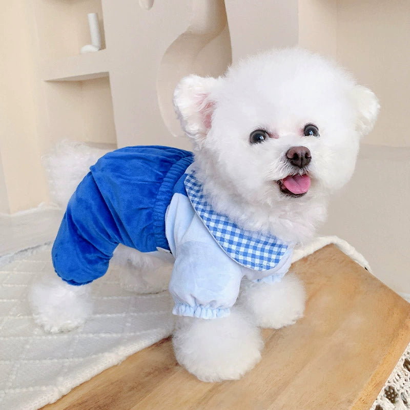 Plaid Collar Cookie Printed Fleece Dog Jumpsuits