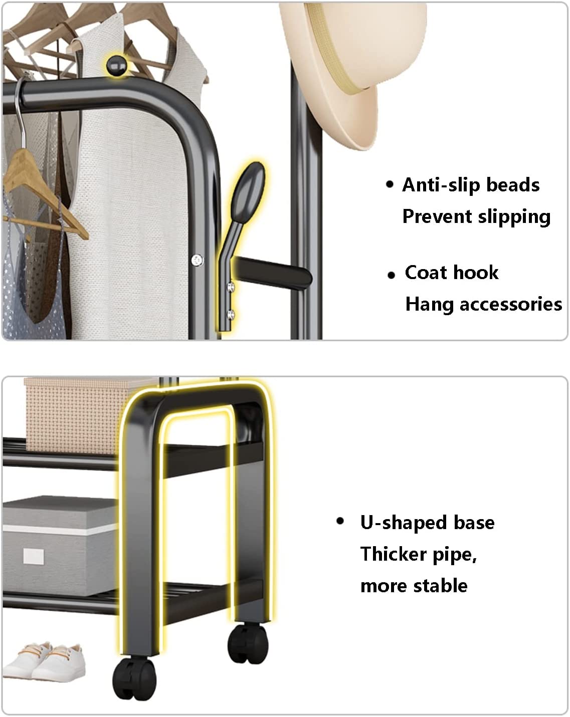 Clothes Rack With Shoe Shelf. Coat Display Stand With 4 Wheels For Bedroom (Color: Black)