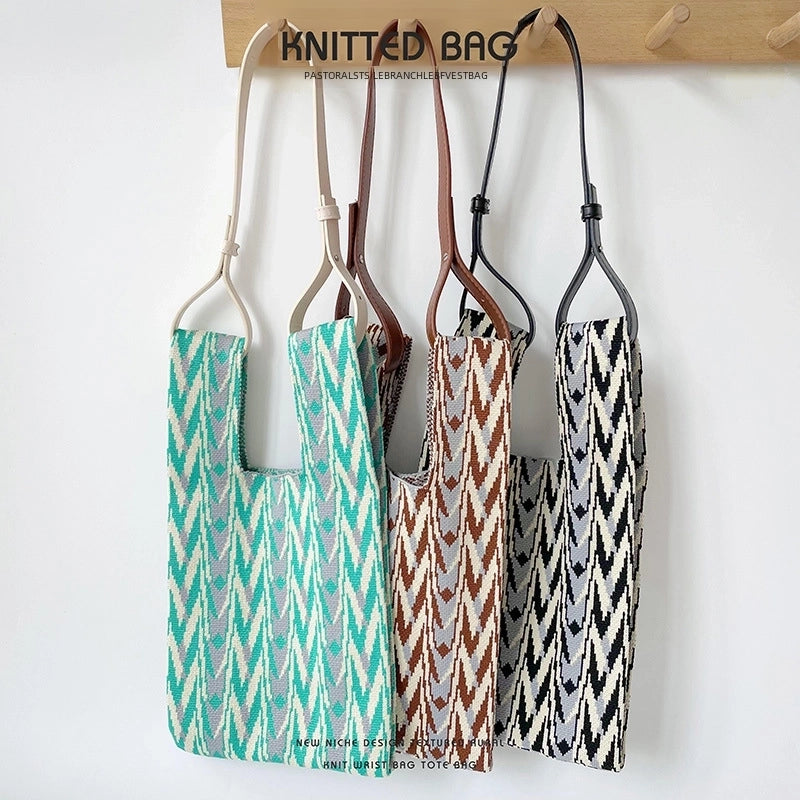 Bag Niche Design Knitted Shoulder Handbag Hand Bag Simple High-end Large Capacity Student Wrist Bag