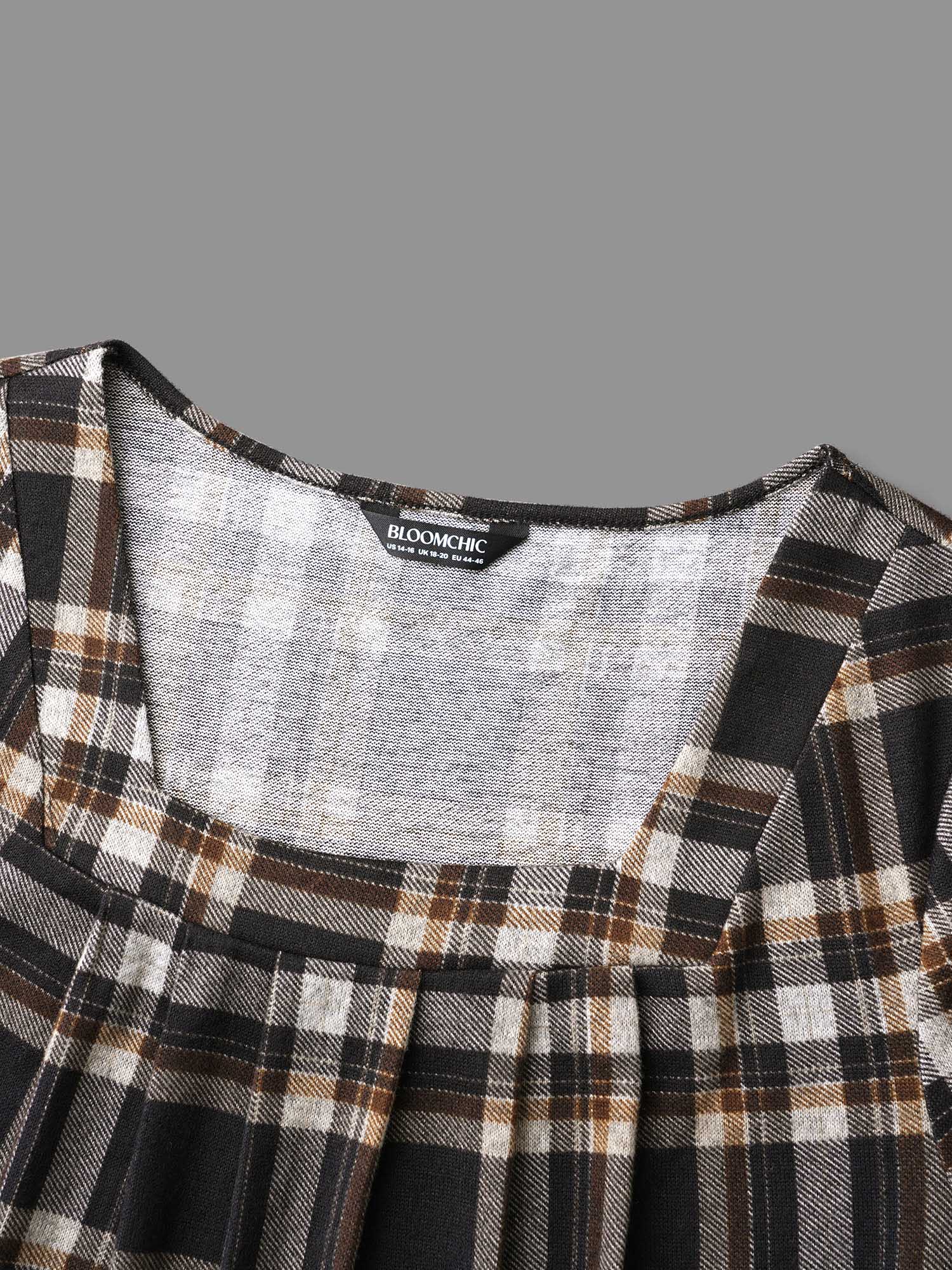 Plaid Pleated Square Neckline Knit Top