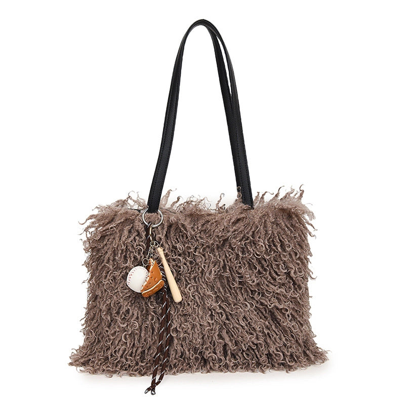 Women's Plush Solid Color Streetwear Sewing Thread Square Magnetic Buckle Shoulder Bag