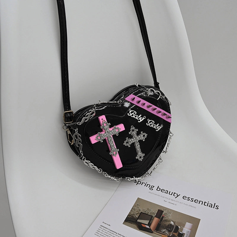 Women's Medium Pu Leather Cross Heart Shape Punk Heart-shaped Zipper Crossbody Bag