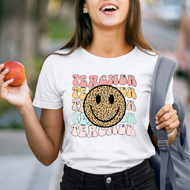 Leopard Print Smile Teacher Letters T-Shirt