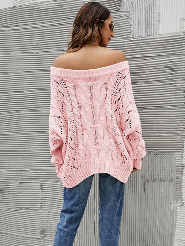 Vintage Long Sleeves Loose Solid Color Off-The-Shoulder Sweater Tops