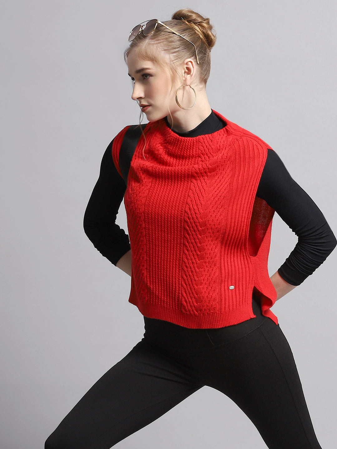 Women Red Self Design Round Neck Sleeveless Winter Tops