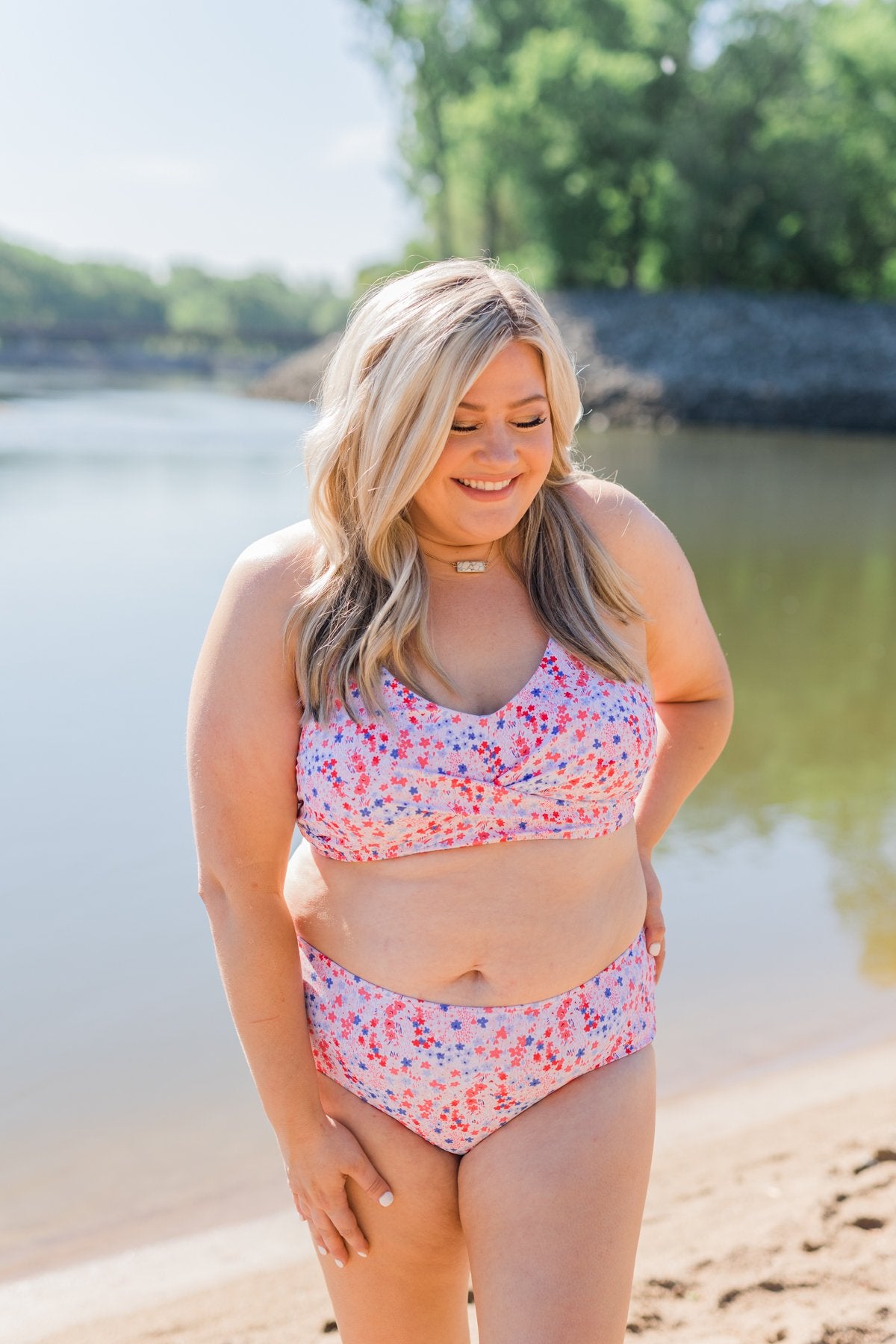 Bask In The Sun Mid-Rise Swim Bottoms- Red & Blue Floral