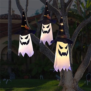 👻Glowing Ghost Witch Hat Halloween Decorations - Outdoor Hanging Lighted Decor