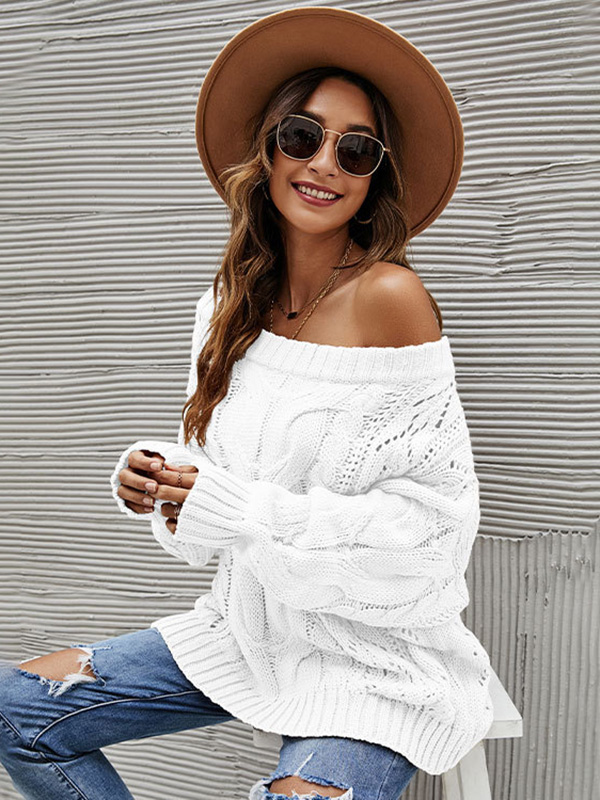 Vintage Long Sleeves Loose Solid Color Off-The-Shoulder Sweater Tops