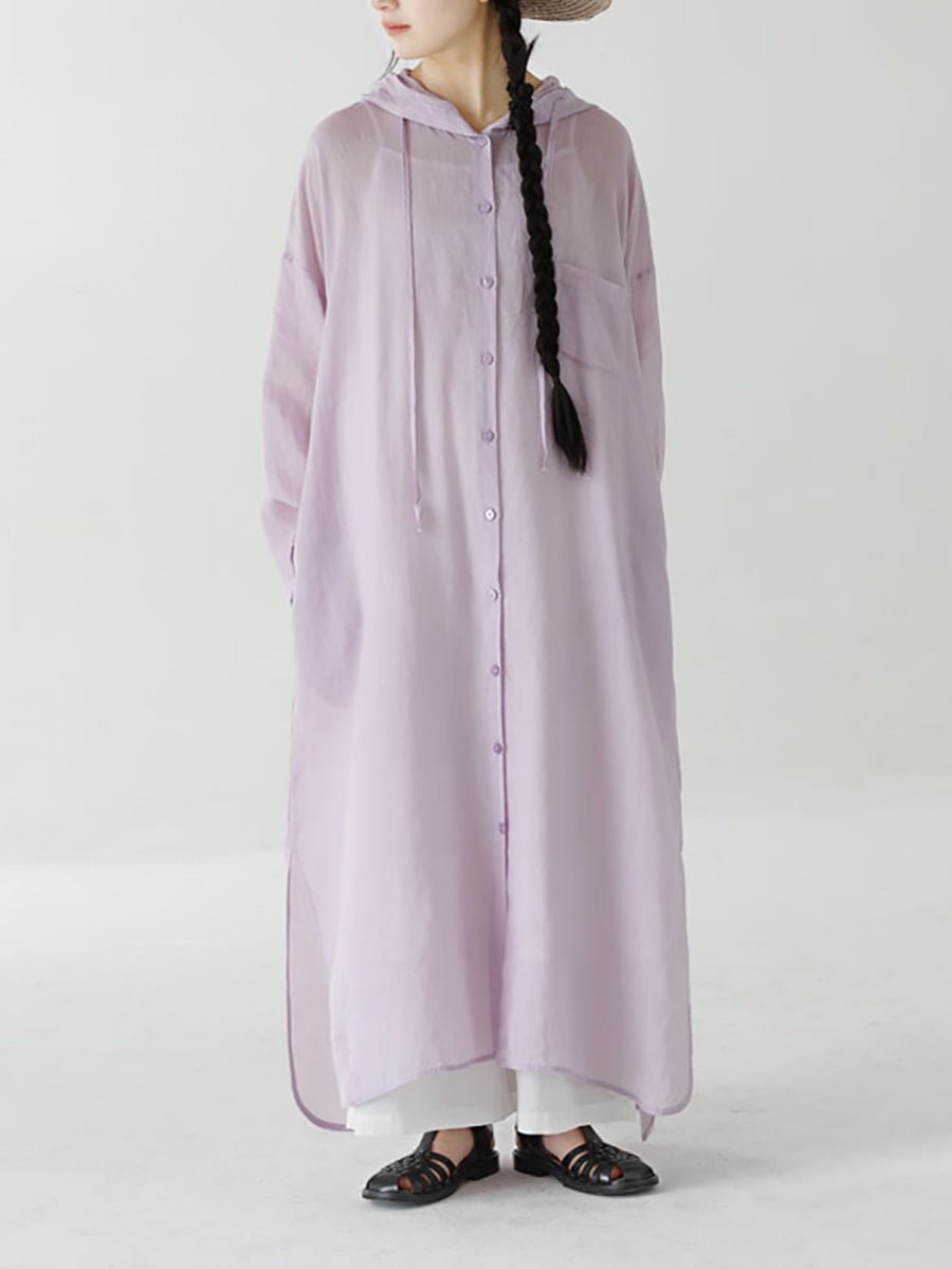 Women Summer Pure Color Hooded 100%Ramie Shirt Dress