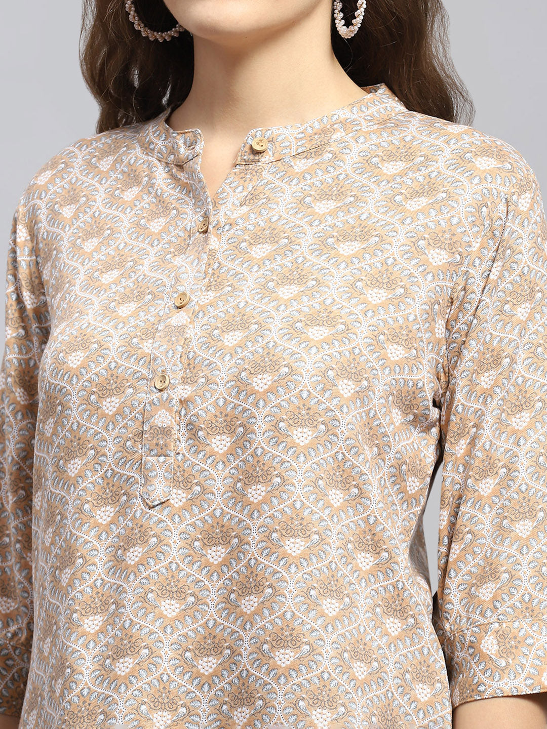 Women Beige Printed Band Collar 3/4 Sleeve Top