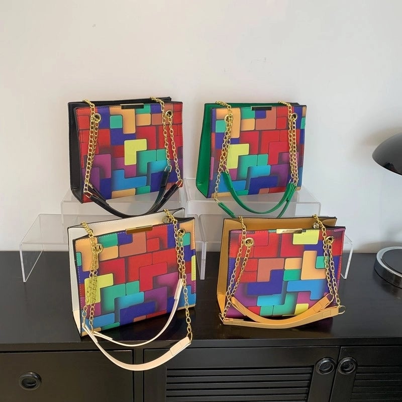 Women's Pu Leather Color Block Lattice Streetwear Square Zipper Shoulder Bag Crossbody Bag