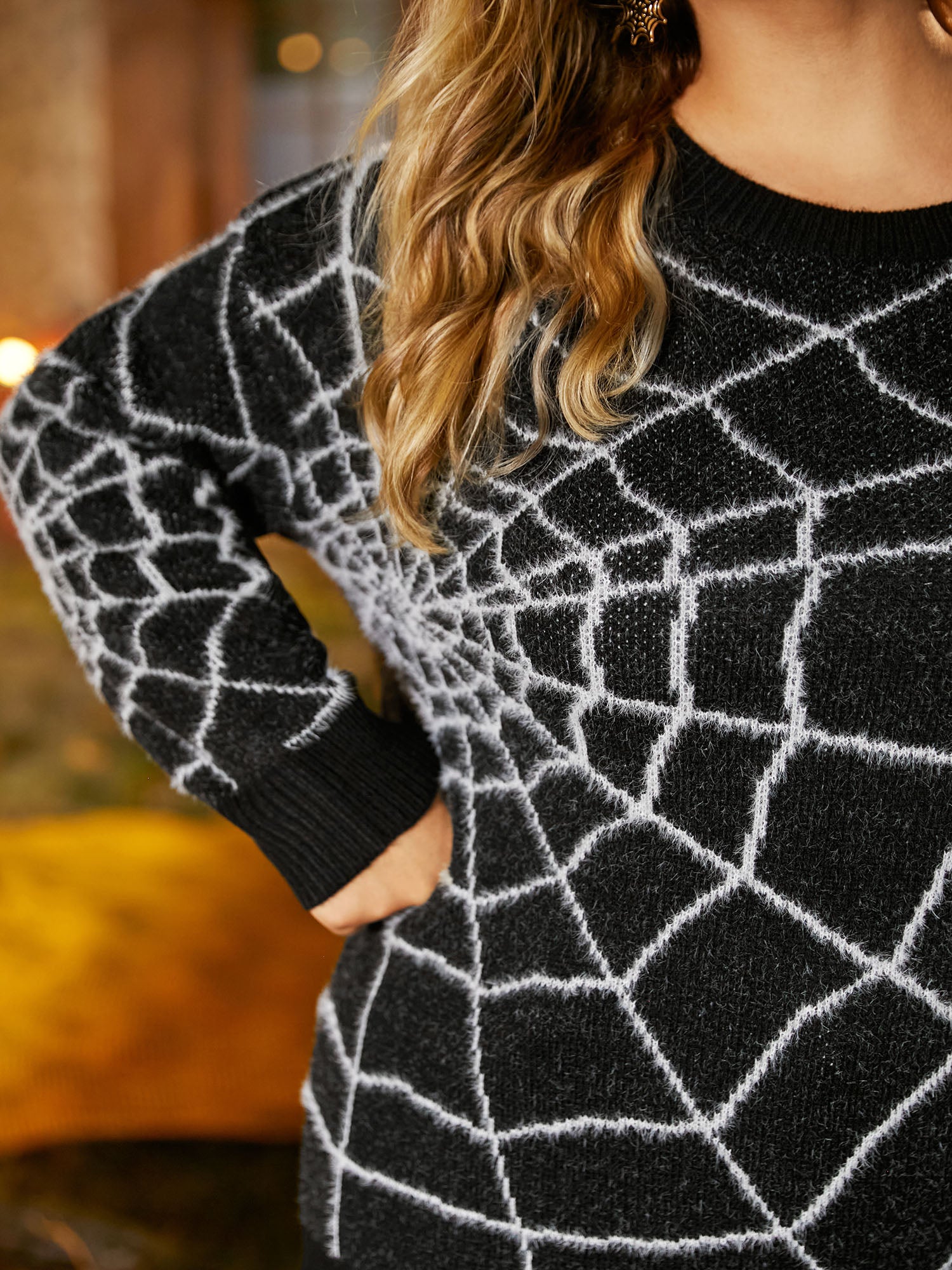 Textured Spider Web Crew Neck Pullover