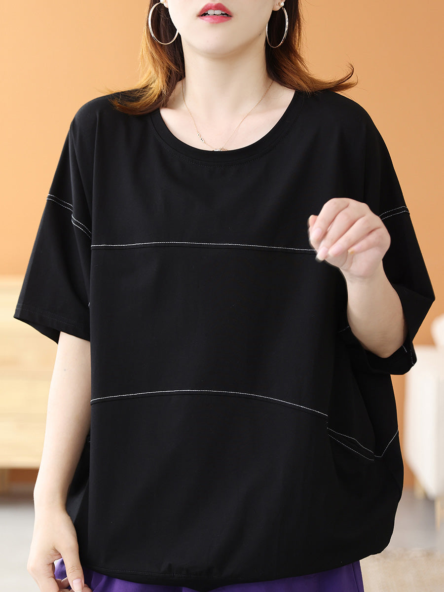 Women Summer Casual Cotton Pure Color Spliced O-Neck Shirt
