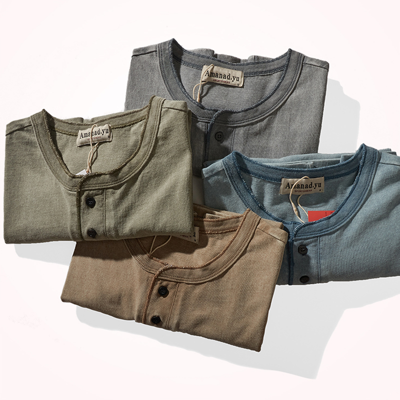 American Heavy Henley Collar Cotton Short Sleeve T-Shirt