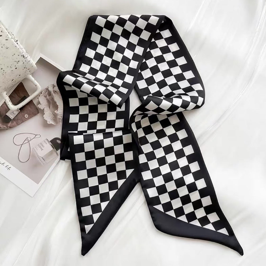 Checkered Silk Like Skinny Scarf