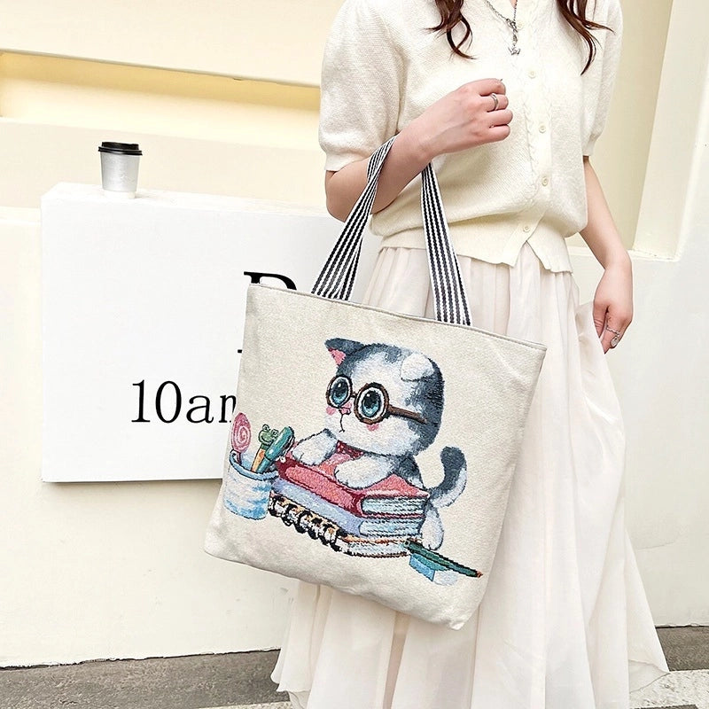 New Ethnic Style Embroidered Tote Bag Artistic Simple Student Shoulder Bag Women's Large Capacity Canvas Shopping Bag