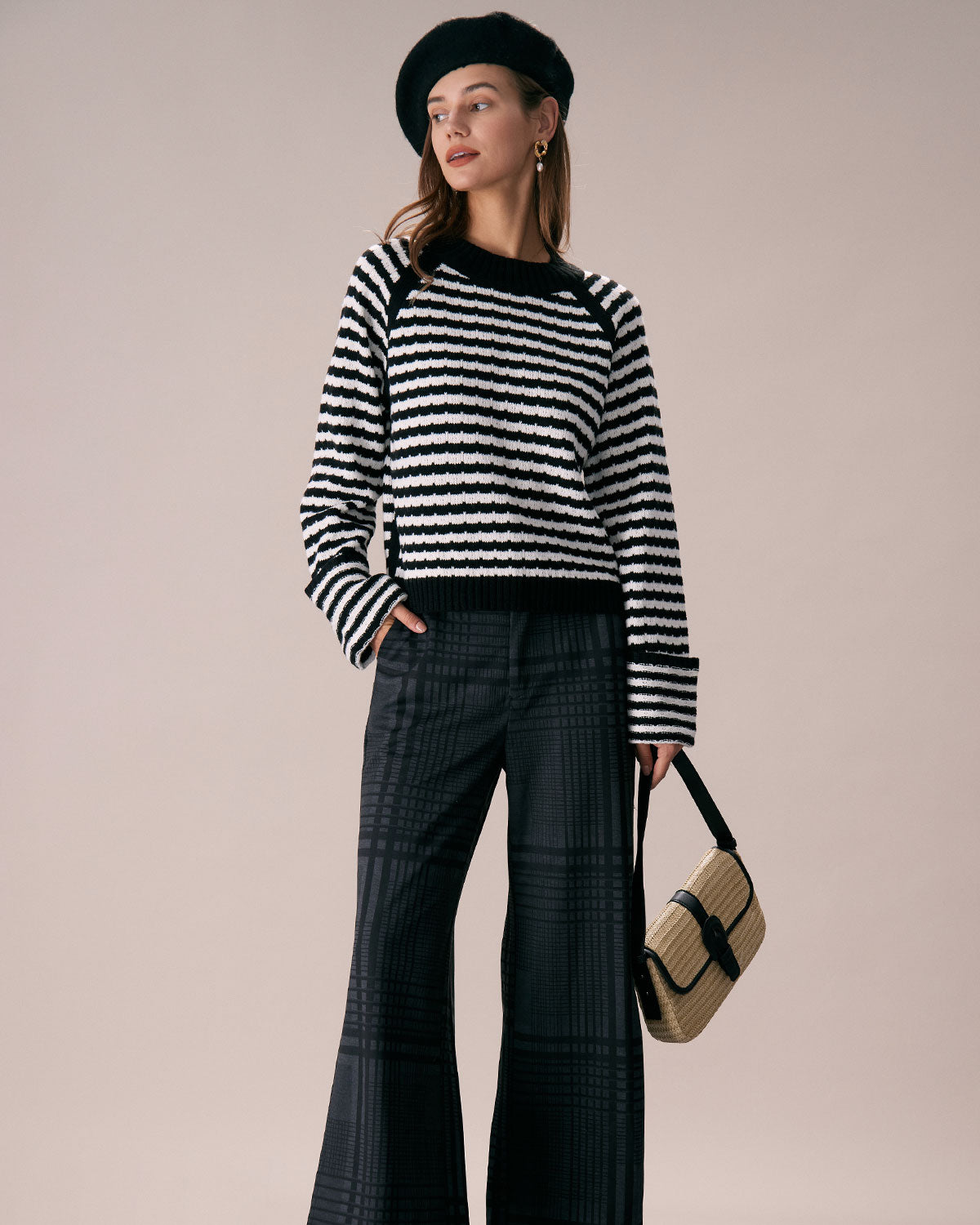 The Black Crew Neck Striped Ribbed Sweater