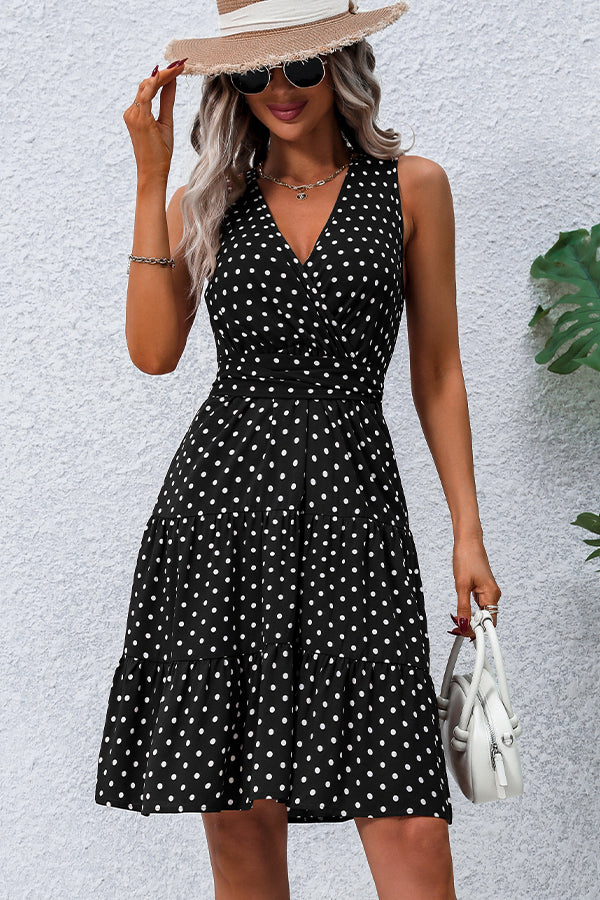 Black And White Dots Print V Neck Tie Waist Dress