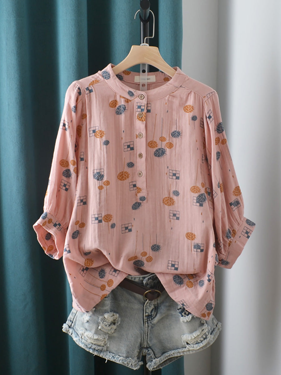 Women Summer Casual Print Stand Collar Cotton Shirt