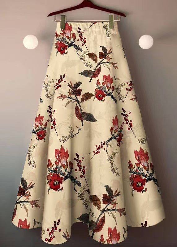 Elegant Khaki Print Elastic Waist Cotton Skirt Summer