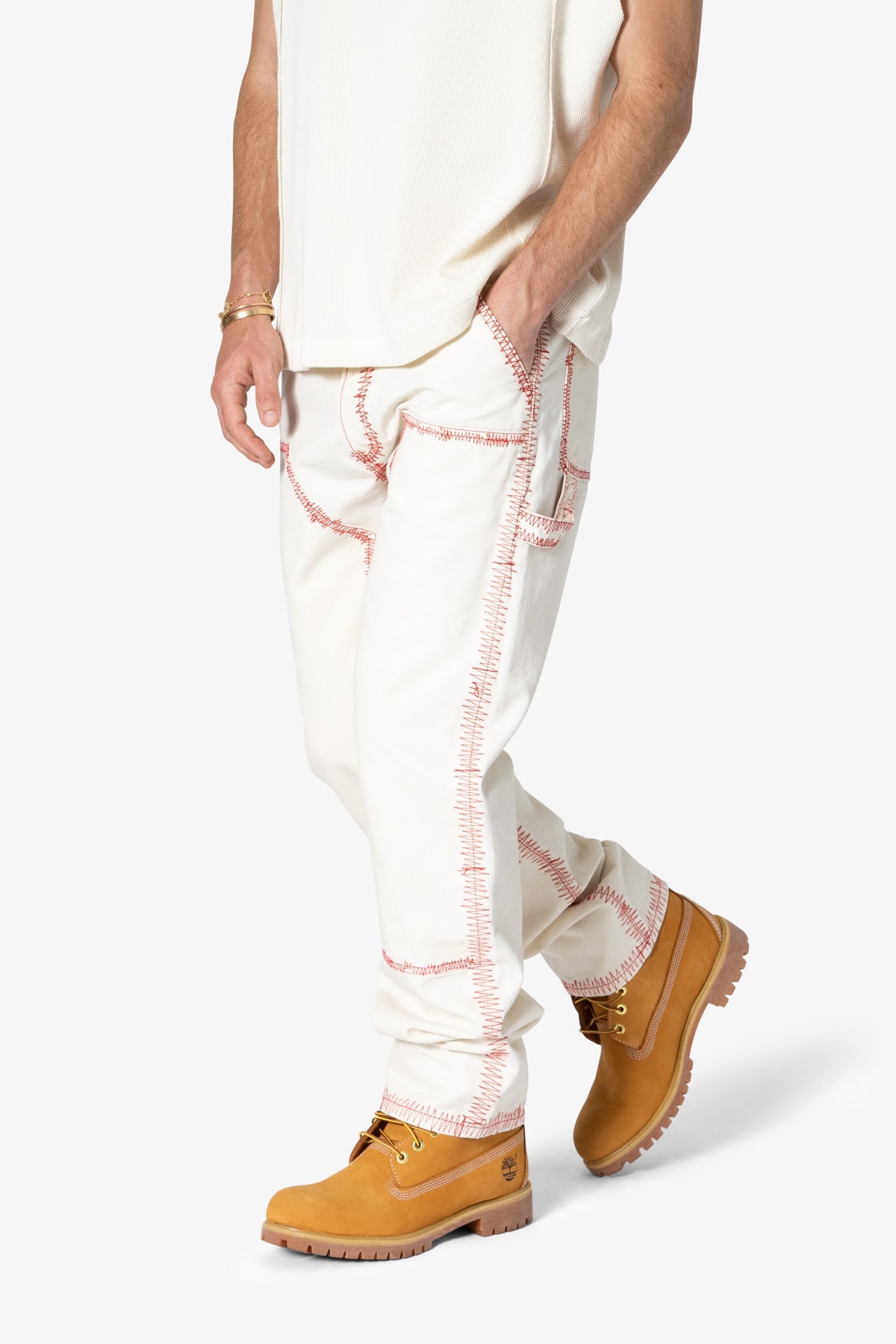 V711 Zig Zag Stitch Baggy Denim - White/Red