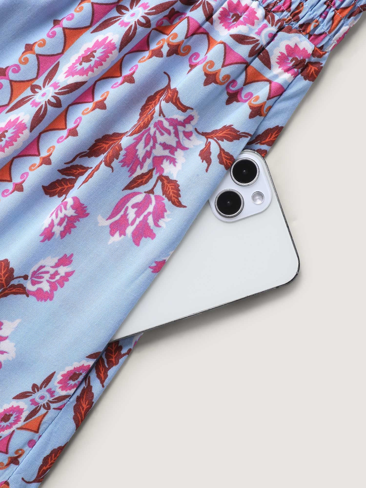 Rayon Floral Print Shirred Pockets Midi Dress
