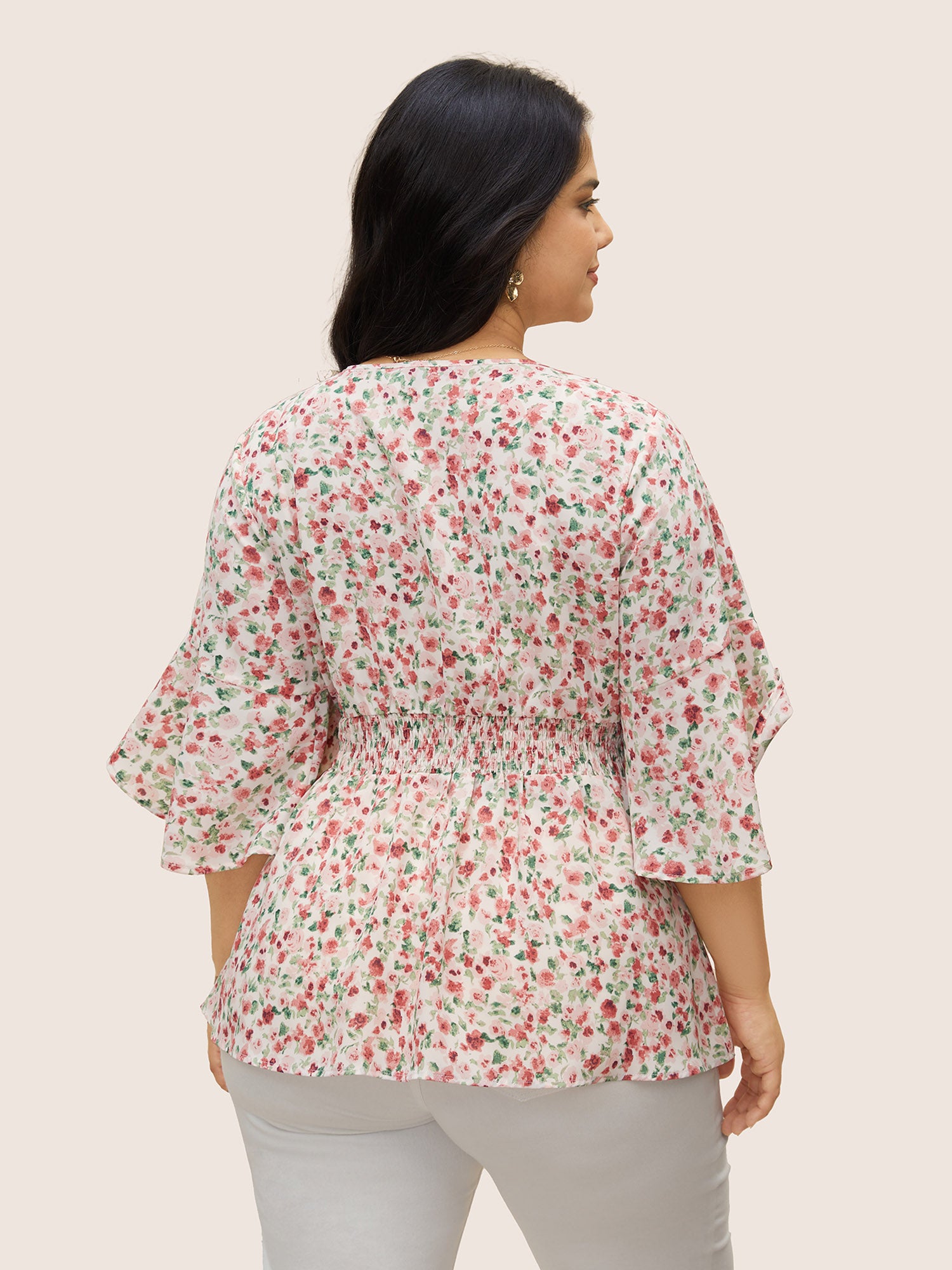 Ditsy Floral Overlap Collar Ruffles Shirred Blouse