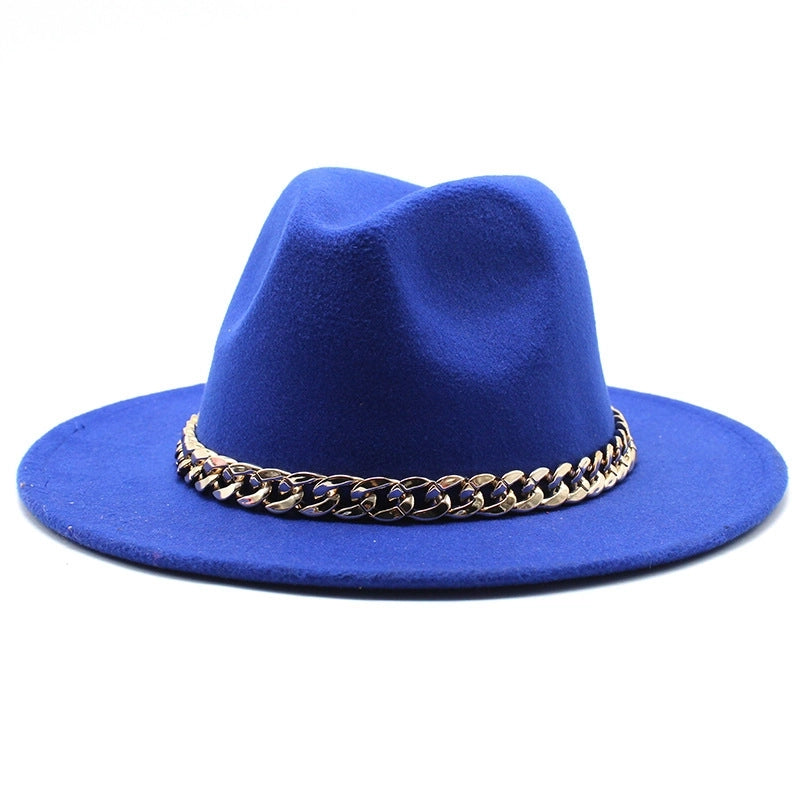 Chain Accessories Panama Hat Autumn And Winter  Jazz Woolen Hat Women's Fashion Big Brim Soft Felt Hat