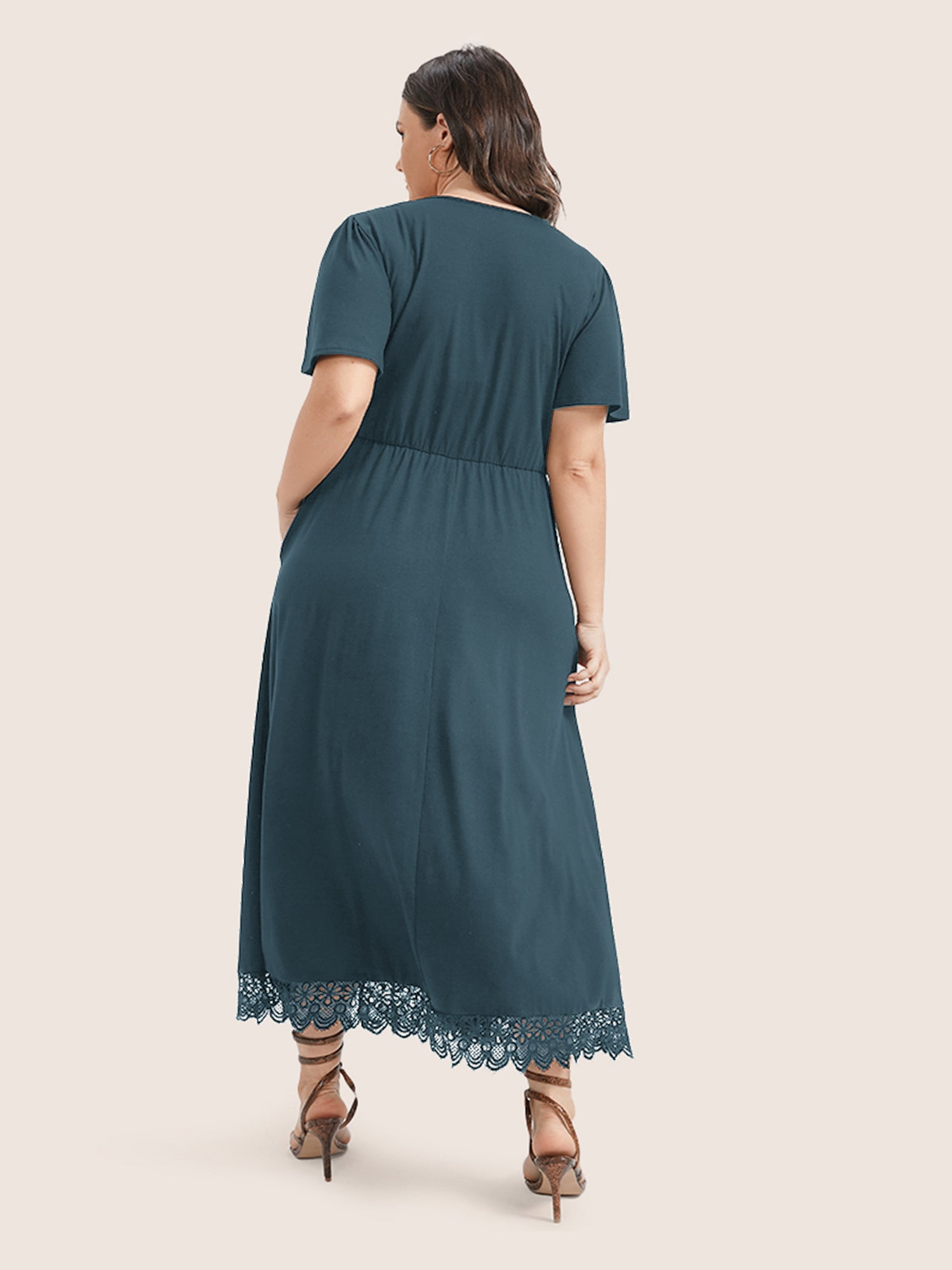 Solid Pocket Contrast Lace Split Maxi Dress