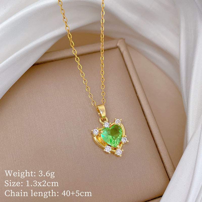Green Love Zircon Gorgeous Full Diamond Necklace Female Versatile Clavicle Chain Titanium Steel Chain