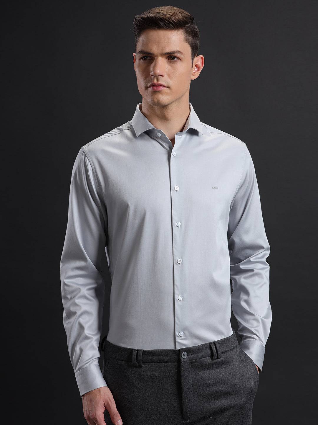 Mens Slim Fit Solid Grey Formal Satin Shirt (CALIB)